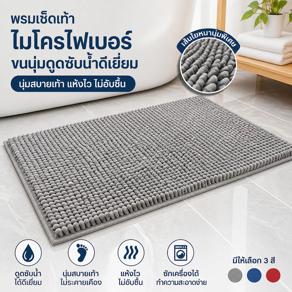 พรมเช็ดเท้า แผ่นกันลื่นในห้องน้ํา พรมเช็ดเท้าห้องนอน พรมดักฝุ่น วัสดุนุ่ม ทำความสะอาดง่าย มีหลายสีให้เลือก