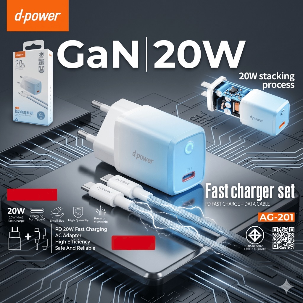 d-power ชุดชาร์จเร็ว 20W รุ่น AG-201 สาย Type-C to IP 1M รองรับ i6~14Pro max PD20W