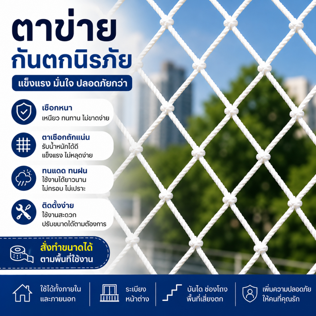 ตาข่ายกันตกคุณภาพดี ใช้ได้ทั้งงานก่อสร้างและป้องกันสัตว์เลี้ยงตกจากที่สูง ตาข่าย 5 ซม. มีให้เลือกหลากหลายขนาด พร้อมส่ง