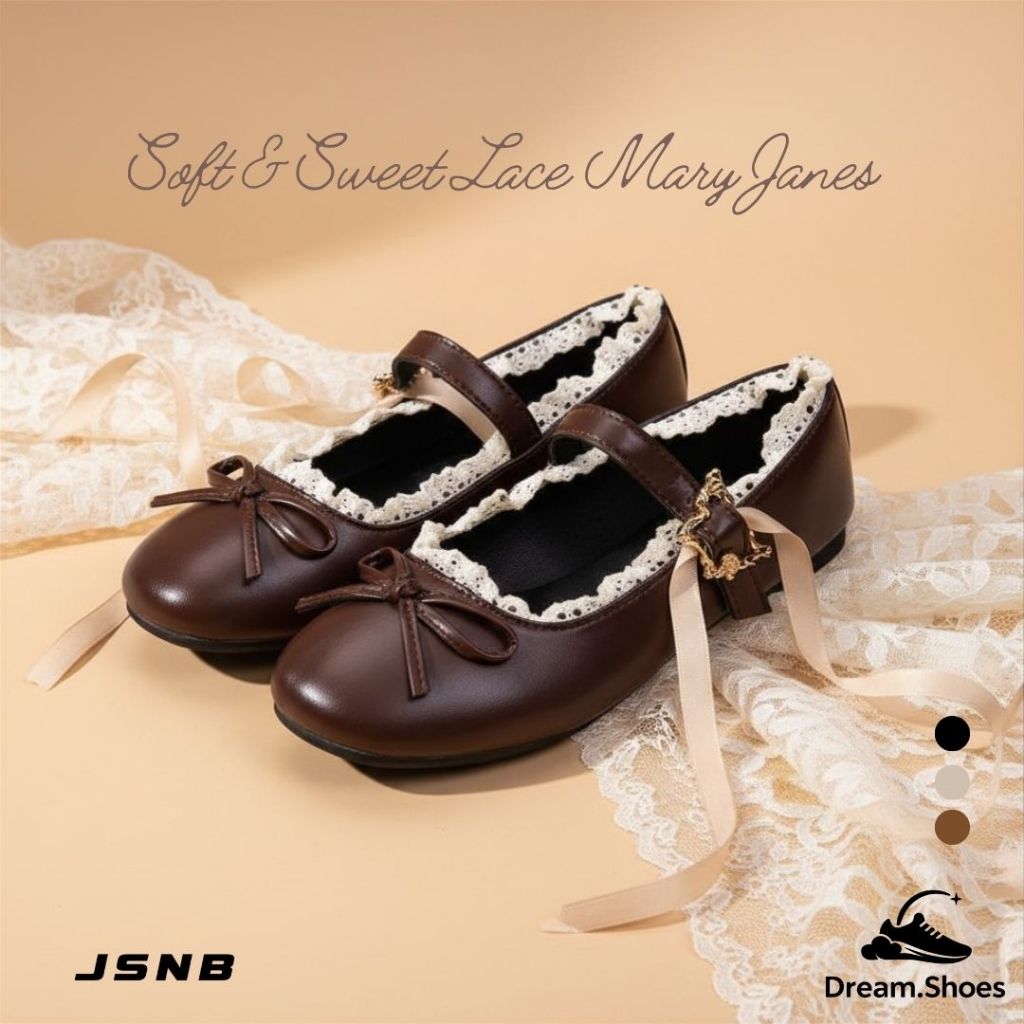 JSNB รองเท้าผู้หญิง Mary Jane หนังแก้วเงาสวย รองเท้าบัลเล่ต์หัวมน มินิมอล ใส่สบาย [LN899]