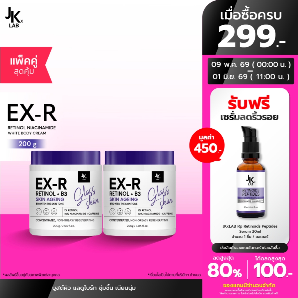 [แพ็คคู่] JKxLAB EX-R Retinol Niacinamide White Body Cream 200 g ครีมบำรุงผิวกายด้วย Retinol 11% Bri