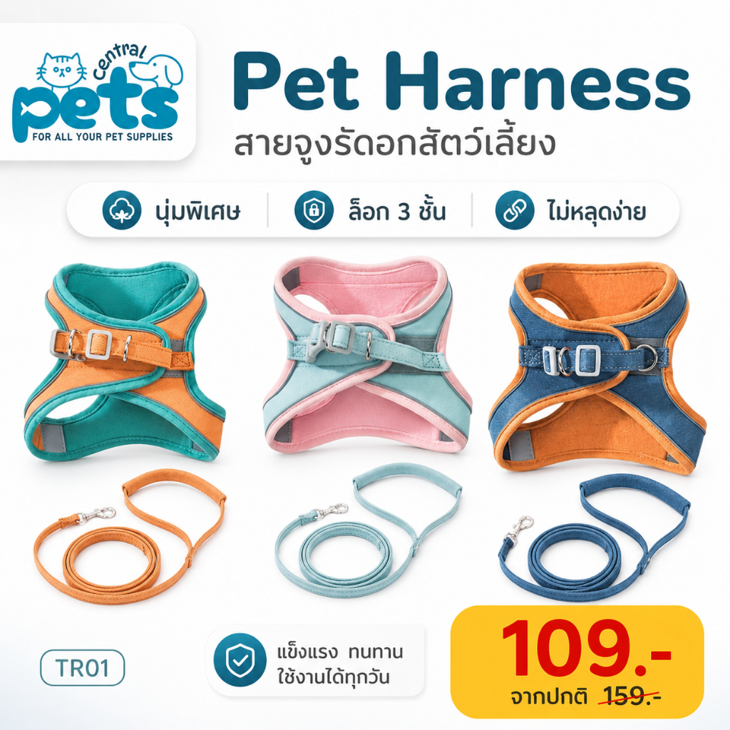 【ลดเหลือ129】สายจูงรัดอกสัตว์เลี้ยง TR01 นุ่มพิเศษ ล็อก3ชั้น ไม่หลุดง่าย Pet Harness