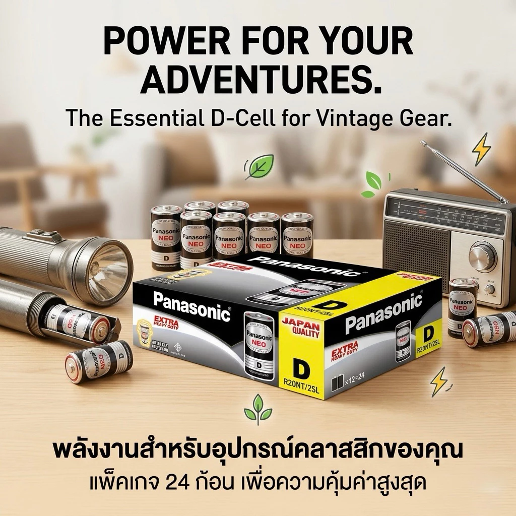 ถ่าน Panasonic NEO สีดำ ไซส์ D (แพ็ค 24 ก้อน) ถ่านไฟฉายพานาโซนิค รุ่น R20NT/2SL Extra Heavy Duty ของแท้ 100%