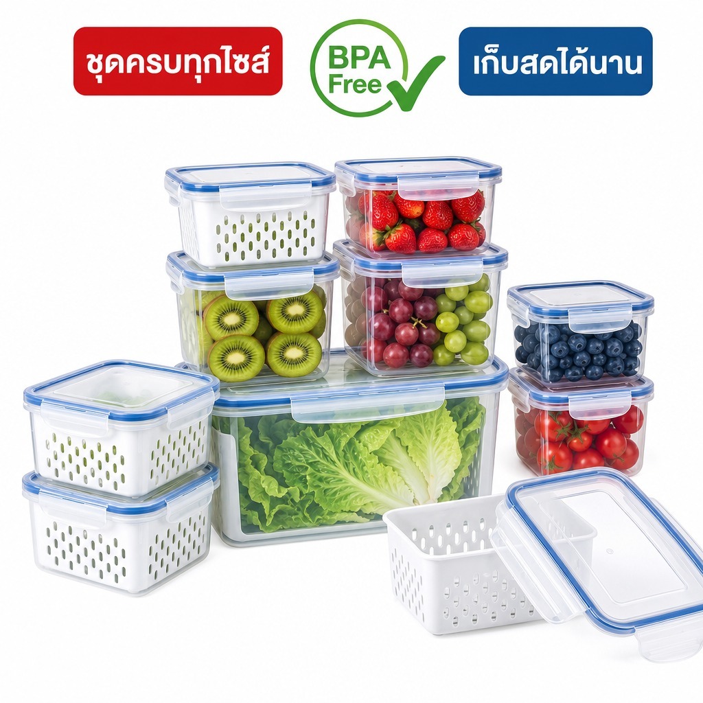 กล่องถนอมอาหาร กล่องเก็บในตู้เย็น มีกระชอนระบายน้ำ Food Grade เข้าไมโครเวฟได้ BPA Free สุญญากาศ กล่องเก็บผัก ผลไม้ เนื้อ