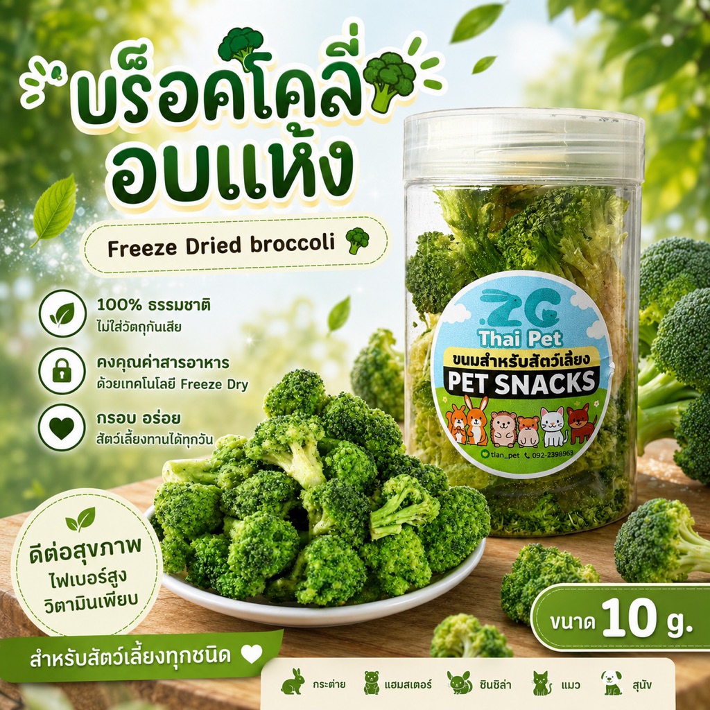 [ZC] บร็อคโคลี่อบแห้ง Broccoli 🥦  ผักผลไม้ฟรีซดรายสำหรับสัตว์เลี้ยงทุกชนิด กระปุก 10 g.