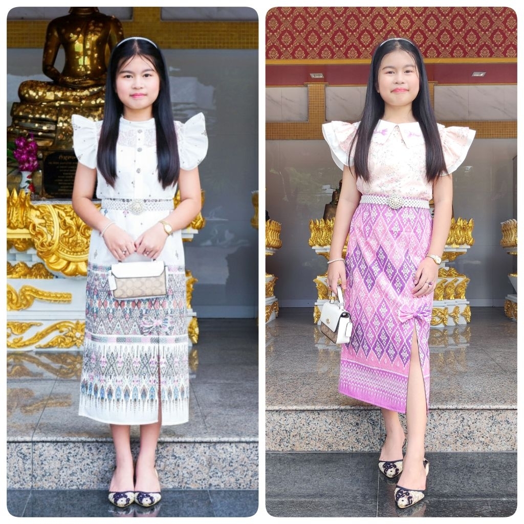 ชุดไทยเด็ก รุ่นเสื้อแขนระบายแต่งกระดุม ผ้าถุงยาวพิเศษผ่าหน้าติดโบว์