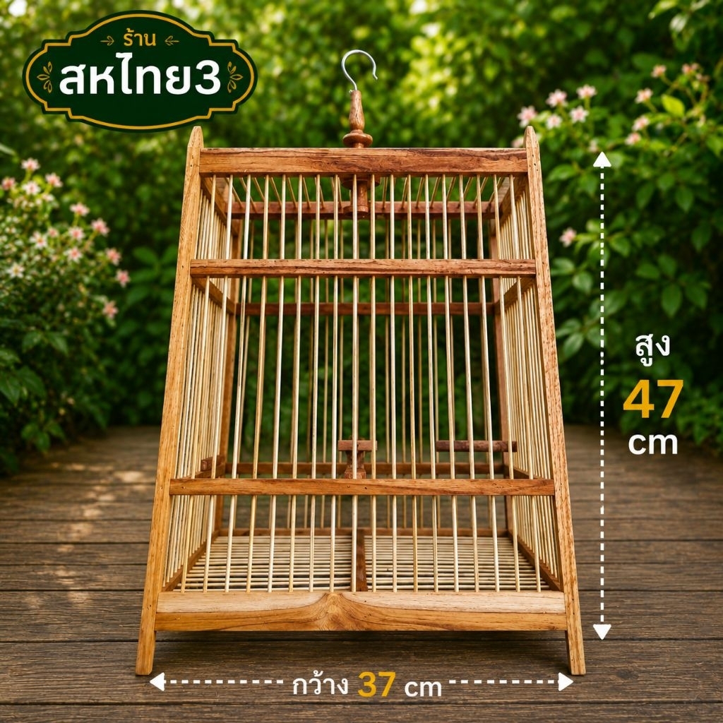 กรงนกหัวจุก​17ซี่ ไม้สัก​ กรงชำนกหัวจุก17ซี่ ขนาด 47x37x37cm อุปกรณ์ครบ  ขนส่งเสียหายร้านรับคืนสินค้าครับ