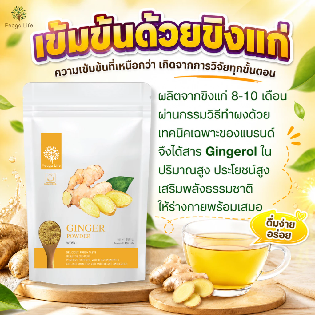 ผงขิง หวัด คลื่นไส้ ไอ ท้องอืด Ginger Powder ขิงผง ยี่ห้อ Feaga Life 180 กรัม
