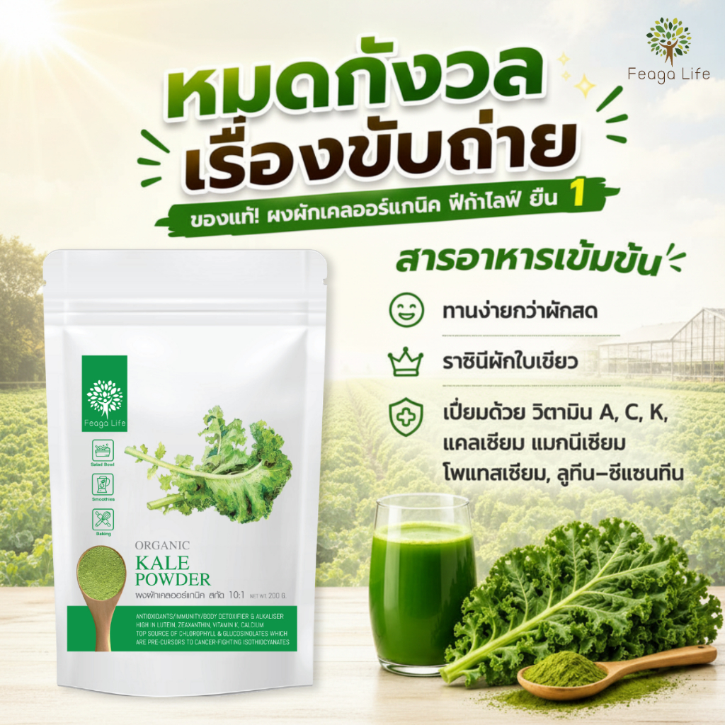 ผงผักเคล ออร์แกนิค เข้มข้น 10x KALE POWDER ผง Superfood ยี่ห้อ Feaga Life 200 กรัม