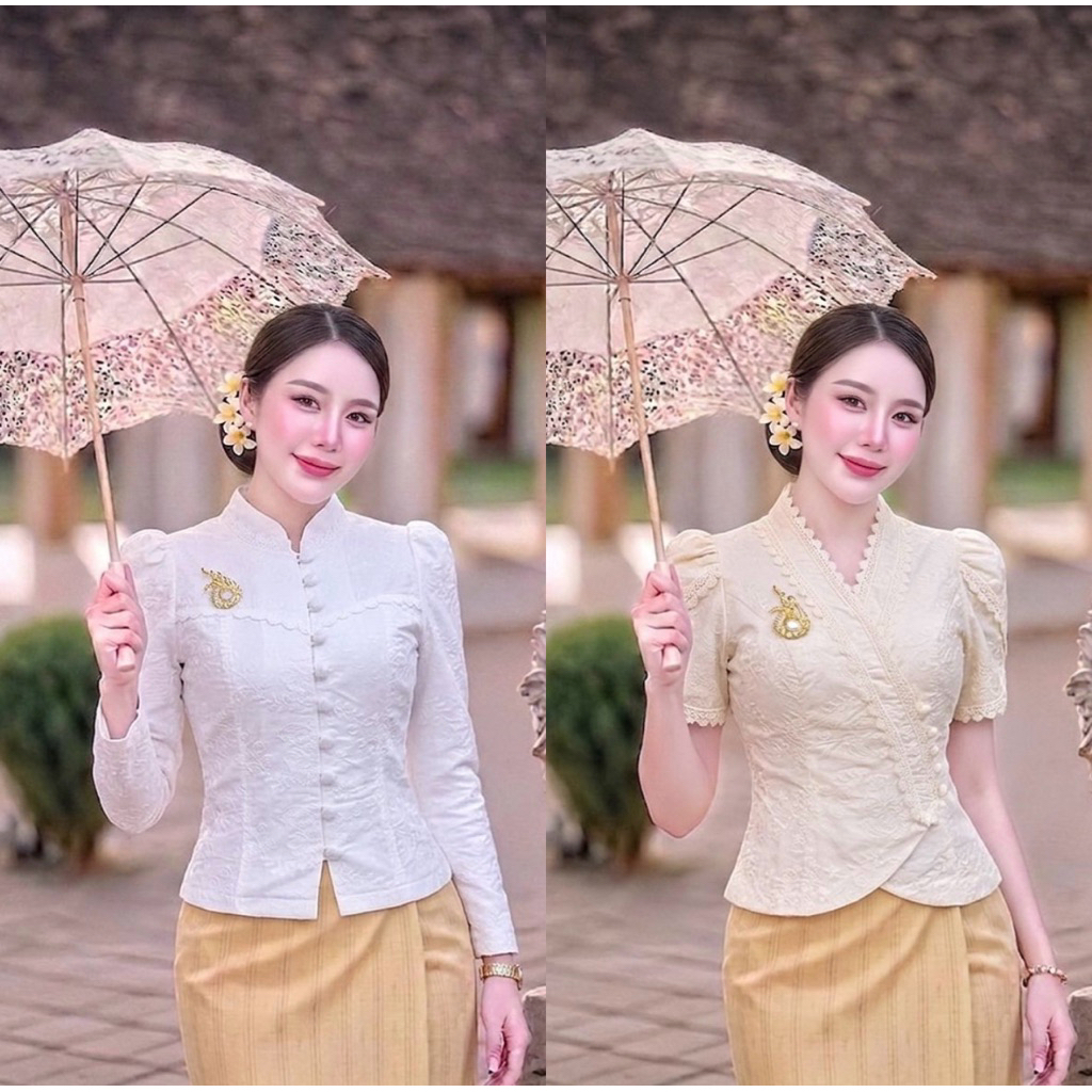 เสื้อผ้าไหมอัดผ้ากาว พ้อมส่ง(ได้แต่เสื้อ) ใส่ไปวัด ทำบุญ งานบวช