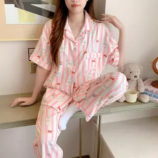💛ชุดนอนผู้หญิง💛 ชุดนอนแขนสั้นขายาว ผ้าไหมญี่ปุ่น ชุดนอนคอปก ลายน่ารักแฟชั่น ใส่สบาย ขนาดL-4XL