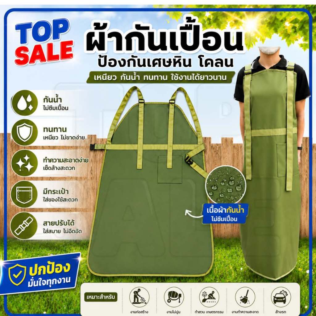เสื้อตัดหญ้า ปรับความยาวสายได้ ผ้ากันเปื้อนตัดหญ้า เอี๊ยมกันเปื้อนตัดหญ้า (สีเขียว) กันกระเด็น