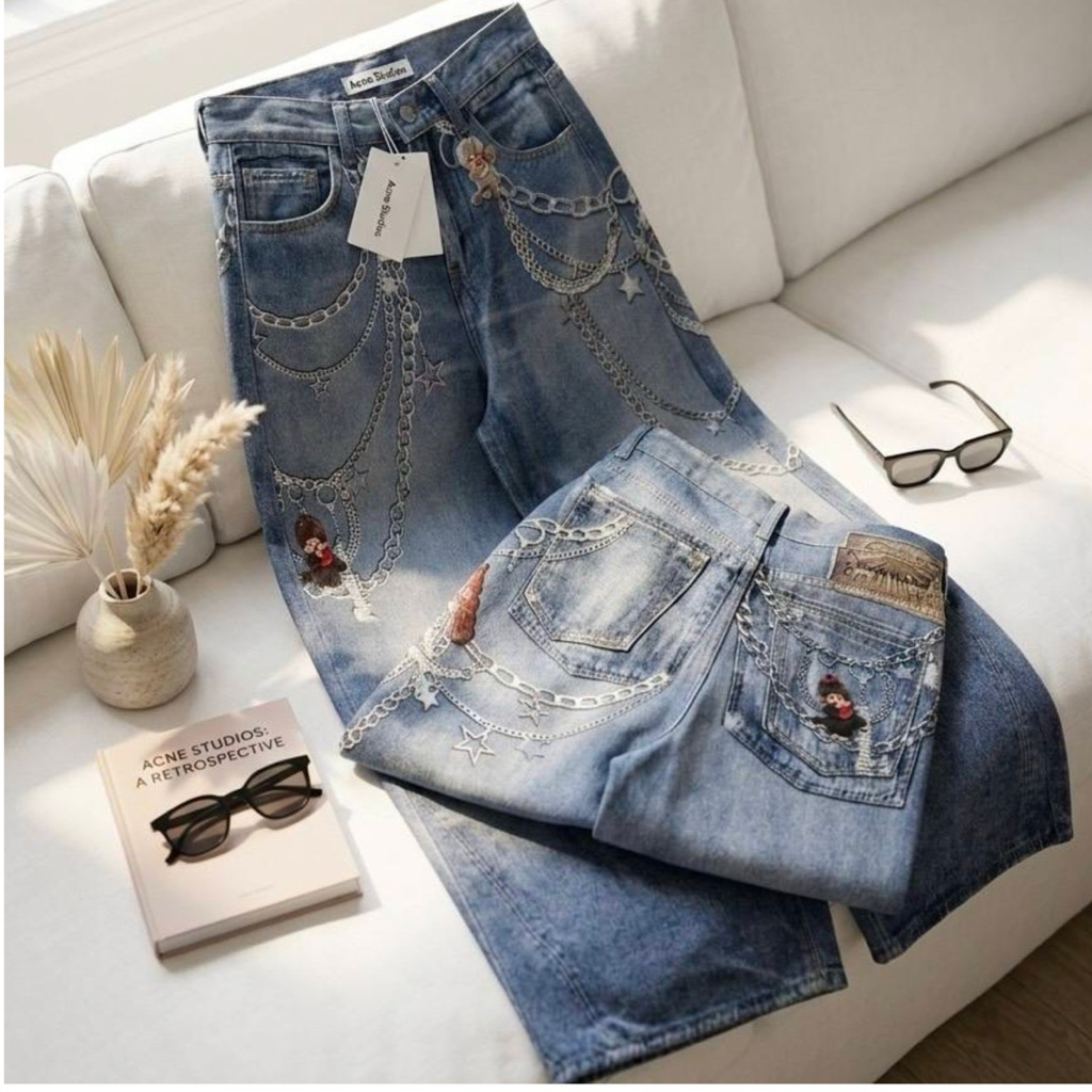 กางเกงยีนส์ขากระบอกทรงบอยเนื้อยีนส์นิ่มใส่สบายที่งานพิมพ์ลายม่อนชิๆ🐹
