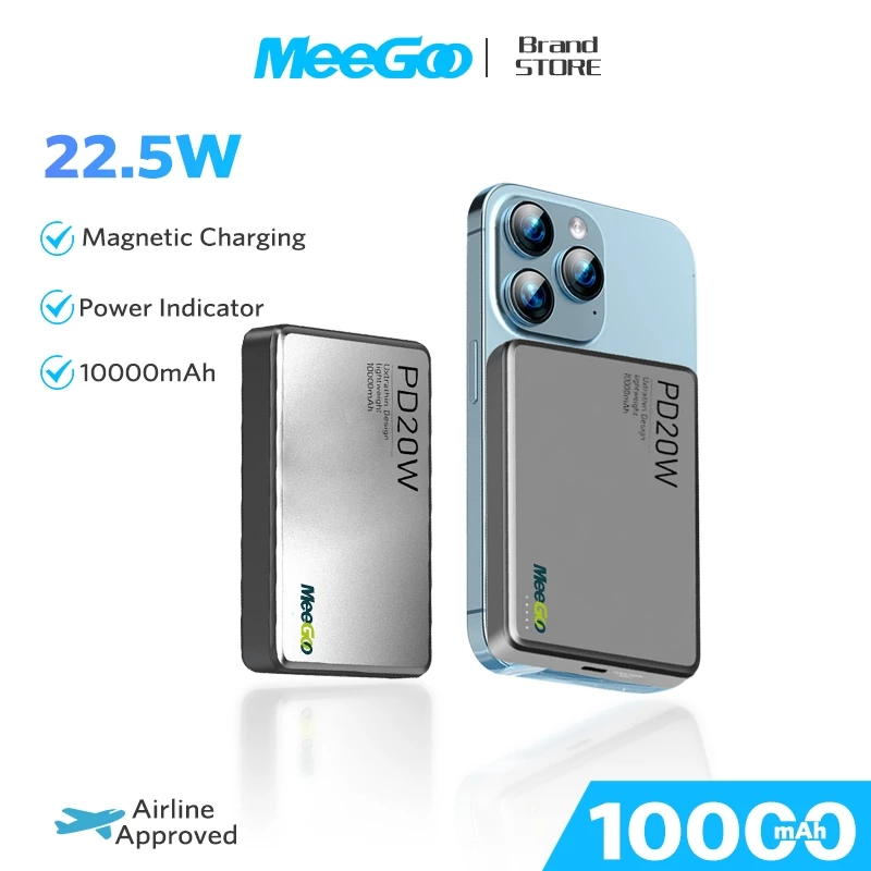 MEEGOO Magnetic Powerbank 10000mAh PD20W ชาร์จเร็วไร้สาย สำหรับ iPhone 15/16/17 Pro Max พกพาได้ สายการบินรับรอง