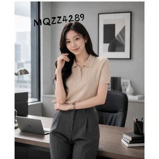 MQzz4289 *พร้อมส่ง* เสื้อไหมพรมแขนสั้นคอปก ถักลายเคเบิ้ล ทรงสวย ใส่สบาย Freesize
