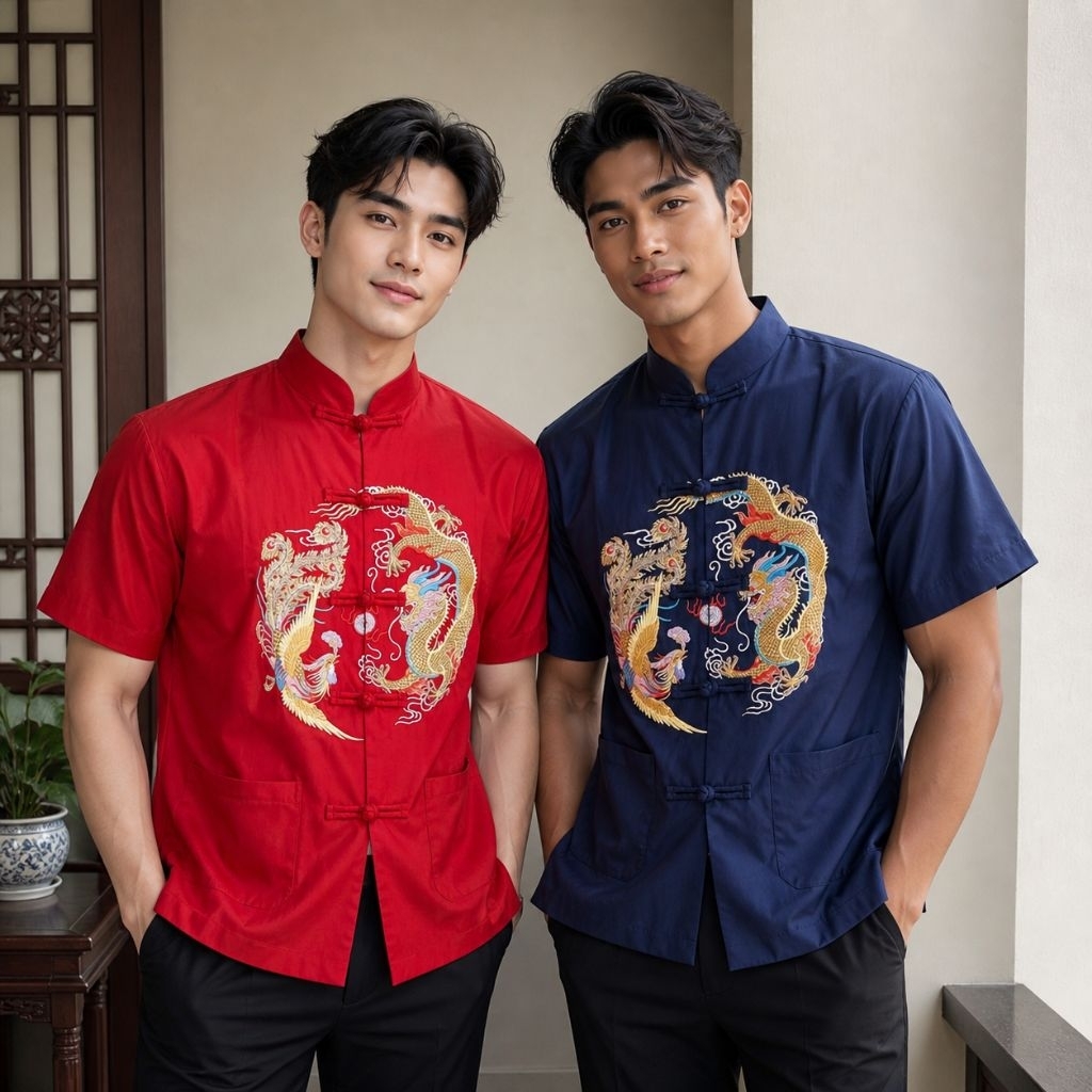 เสื้อคอจีน ปักลายมังกรแขนสั้นผู้ชาย เนื้อผ้าไนลอนเด้ง ผ้าบางกำลังดี มีความยืดหยุ่นเล็กน้อย สวมใส่สบาย