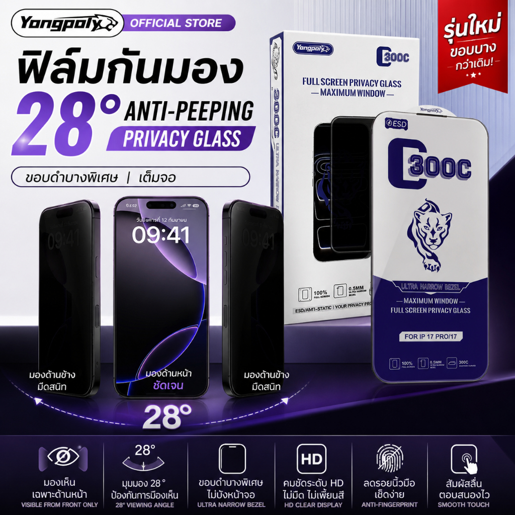 ฟิล์มกระจกกันมองขอบบางเท่ากันเต็มจอ300Cกันไฟฟ้าสถิต กันฝุ่น สำหรับiphone 17PROMAX 12PRO XR 1116PLUS 15PRO 14 13 12PROMAX