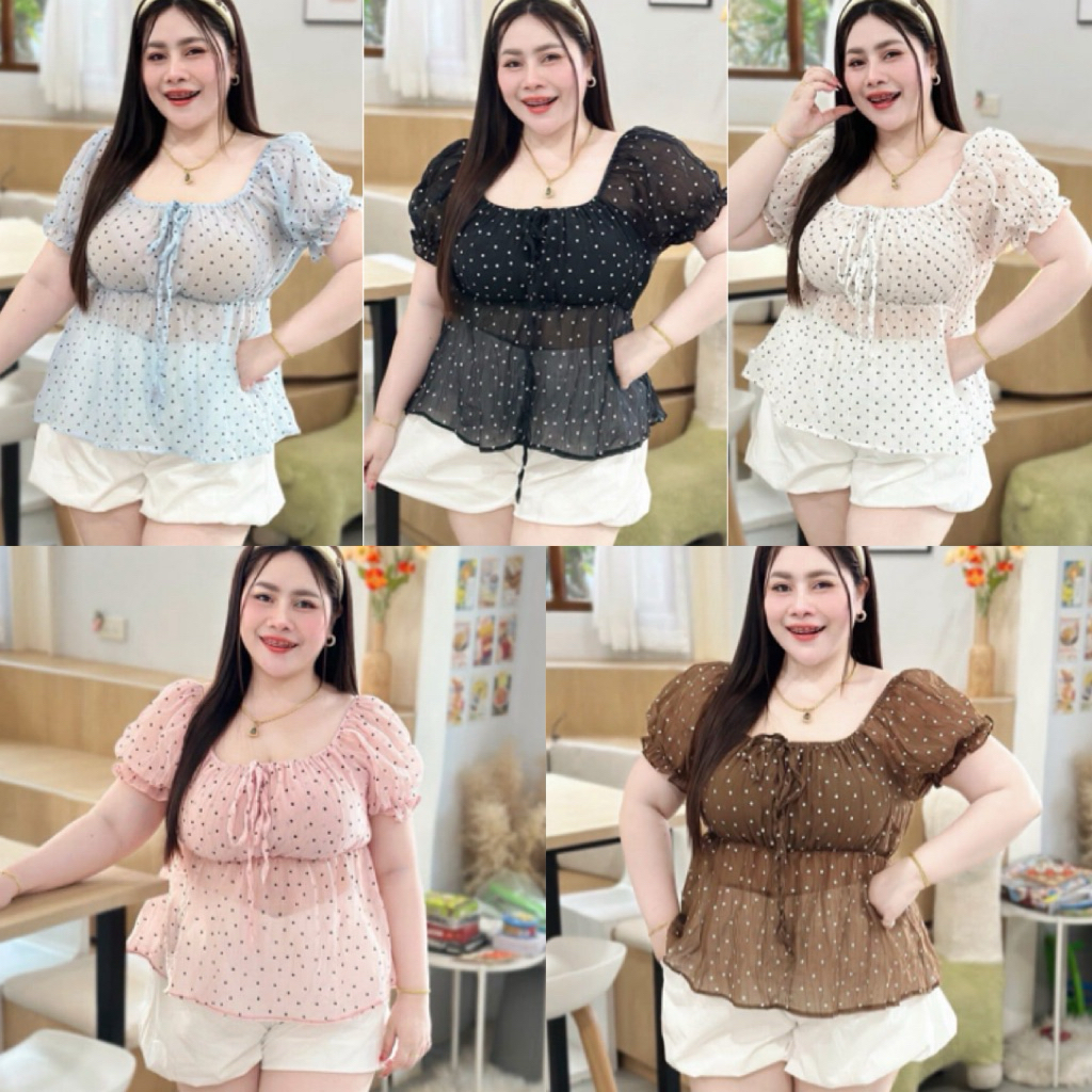 N75 เสื้อแฟชั่นสาวอวบ แขนตุ๊กตา ลายจุด แต่งย่นอก ผ้าบางเบาใส่สบาย อก 34-48