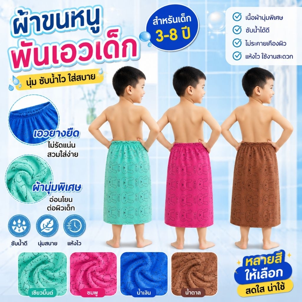 ผ้านุ่ง อาบน้ำเด็กผู้ชาย เอวยางยืด ใช้งานง่าย 3-8ปี