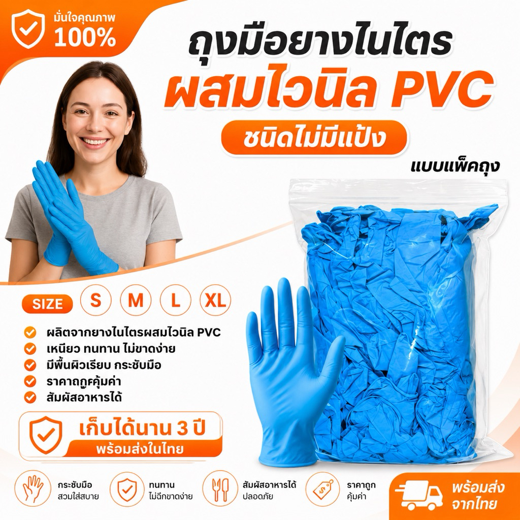 ถุงมือไนไตรไวนิล PVC สีฟ้า (แบบแพ็คถุง) ถุงมืออเนกประสงค์ แบบหนา พร้อมส่งส่งไว