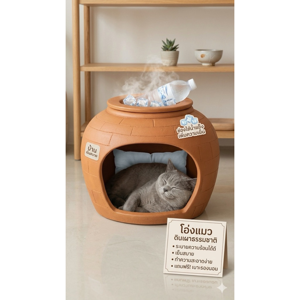 🐈 พร้อมส่ง แถมฟรีฝาปิด  🐈 โอ่งแมวดินเผา โอ่งแมวคลายร้อน ราคาถูก