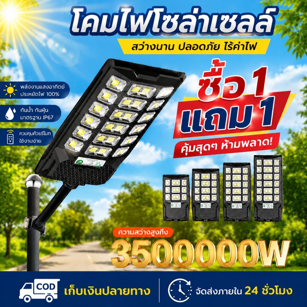💥 ซื้อ 1 แถม 1 💥3500000W ไฟถนนพลังงานแสงอาทิตย์ สว่างตลอดทั้งคืน IP67 กันน้ำป้องกันฟ้าผ่าพร้อมระบบเซ็นเซอร์