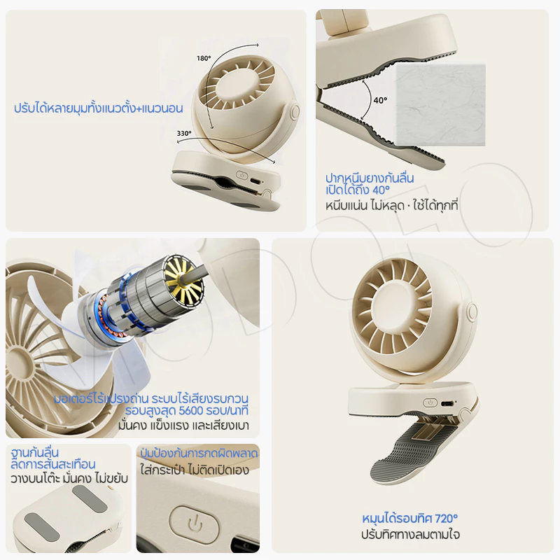 MODOFO พัดลมพกพา ปรับมุมได้ 720° ปรับได้ 3 เกียร์ ชาร์จ USB  ไร้เสียงรบกวน สามารถยืน / พับ / แขวนได้ thumbnail 9