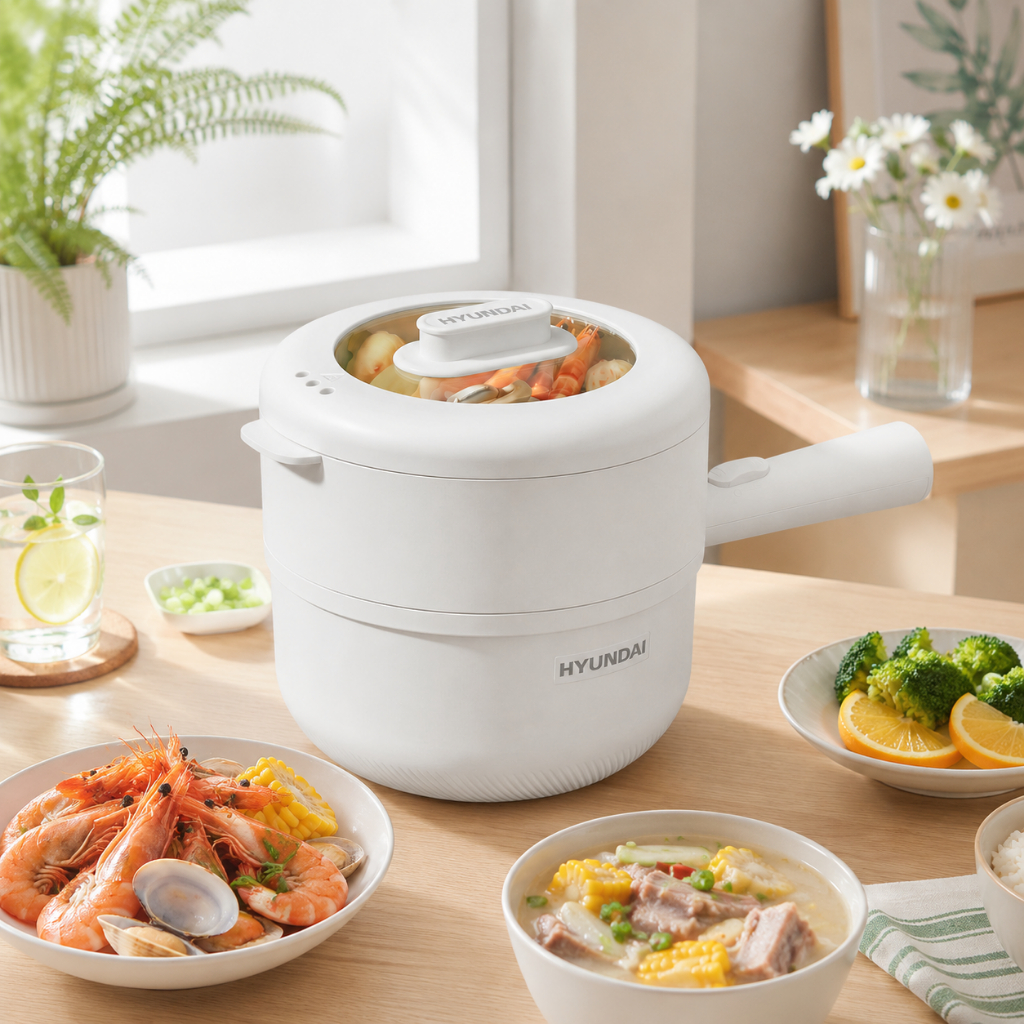 HYUNDAI หม้อไฟฟ้าอเนกประสงค์ ขนาด 2 ลิตร สำหรับ ต้ม ผัด แกง ทอด นึ่ง ปรับความร้อน 2 ระดับ