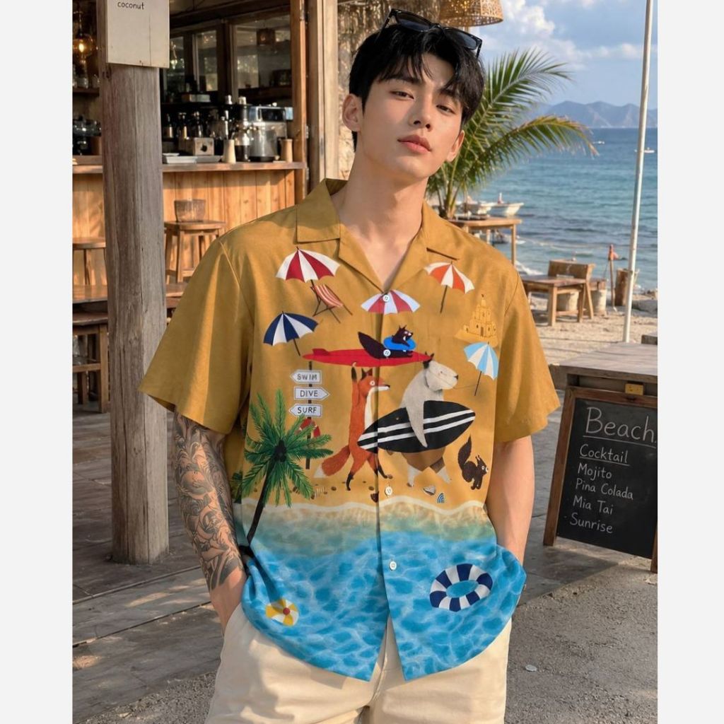 11.WOLF Surf Safari Hawaii Shirt เสื้อเชิ๊ตแขนสั้นต่อลาย เสื้อเชิ้ต เสื้อฮาวาย เสื้อเชิ้ตฮาวาย ลายเสิร์ฟซาฟารี/ H380