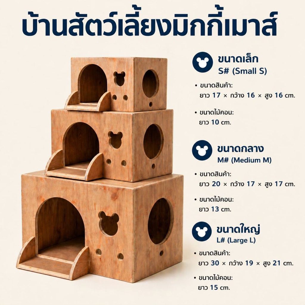 บ้านไม้สัตว์เลี้ยง บ้านเม่น บ้านหนูแกสบี้ บ้านนก มีคอนยืน 3 ขนาด บ้านสัตว์เลี้ยงมิกกี้ (ไม้อัดภูเขาไม้น้ำตาล)