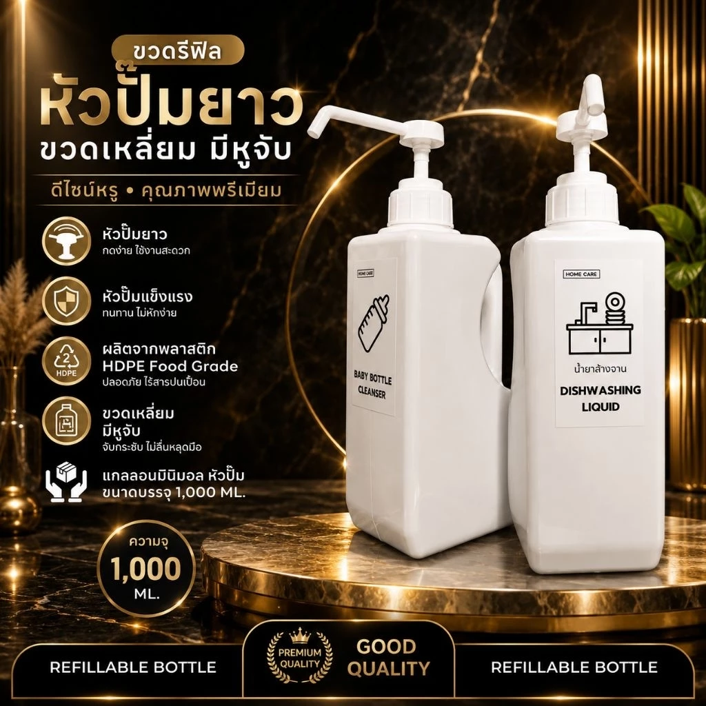 ขวดรีฟิล หัวปั๊มยาว ขวดเหลี่ยม สีขาว มีหูจับ หัวปั๊มแข็งแรง (HDPE Food Grade) แถมฟรี สติ๊กเกอร์ (1,000 ML.) PK1000ML51