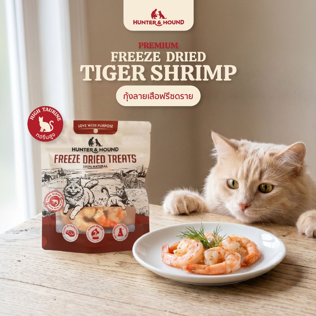 Hunter&Hound ขนมแมวพรีเมี่ยม กุ้งลายเสือใหญ่ฟรีซดราย ทอรีนสูง ไม่เค็ม 20g