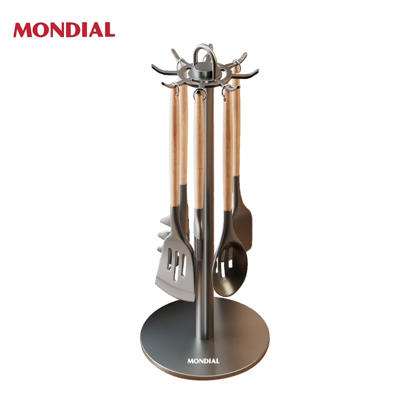Mondial ที่แขวนเครื่องครัวหมุนได้ 8 ตะขอ สีขาวครีม ตั้งโต๊ะไม่ต้องเจาะรู มินิมอล สำหรับเคาน์เตอร์ครัว