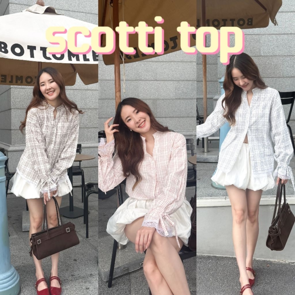Scotti Top เสื้อเชิ้ต คอจีน แต่งลูกไม้ ลายสก็อต