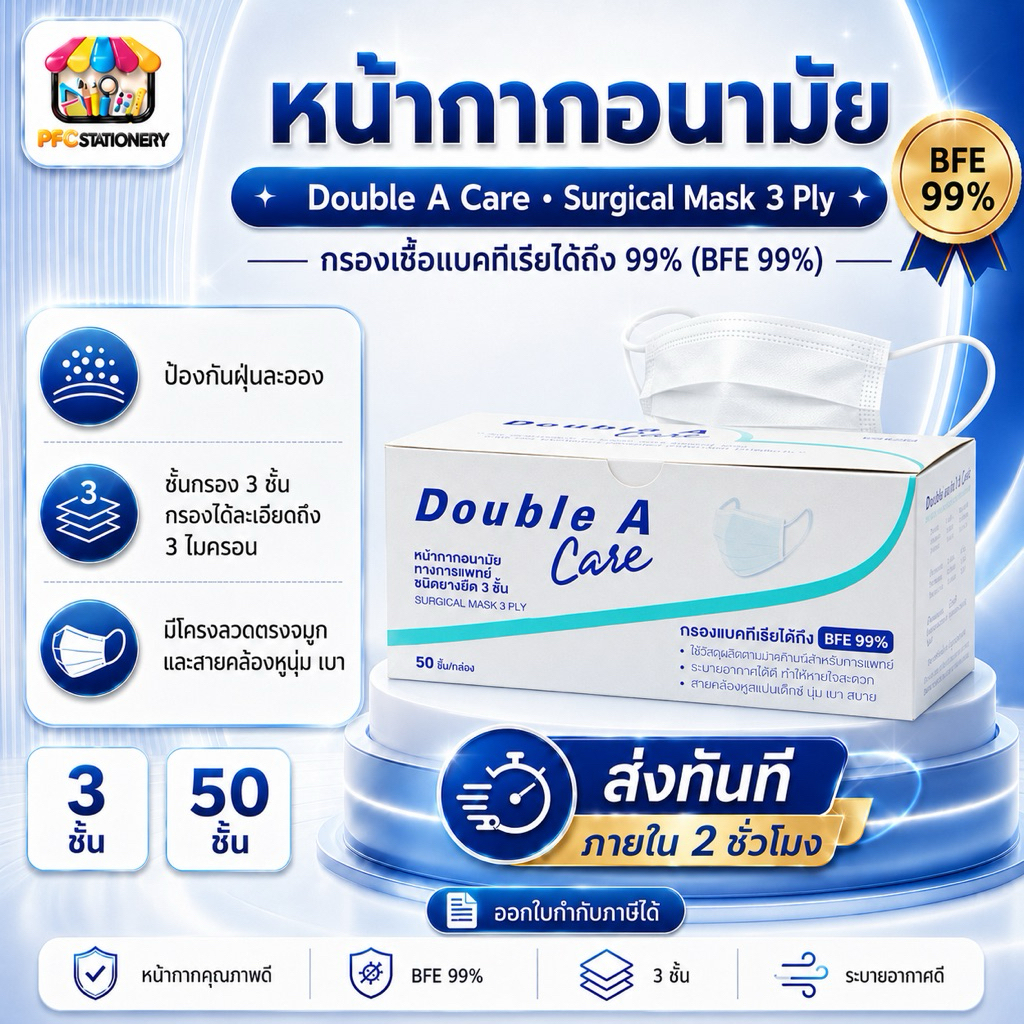 [ส่งทันที]Double A Care หน้ากากอนามัยทางการแพทย์ ชนิดยางยืด 3 ชั้น , แมส ,ป้องกันฝุ่นละออง สิ่งสกปรก