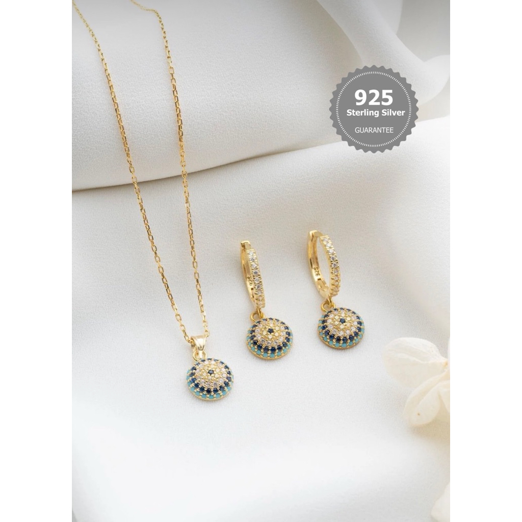 เซตสร้อยคอและต่างหูเงินแท้ 925 ชุบทอง 14K ประดับเพชร CZ ลาย "Evil Eye" (นัยน์ตาปีศาจ) สินค้าจากตุรกี