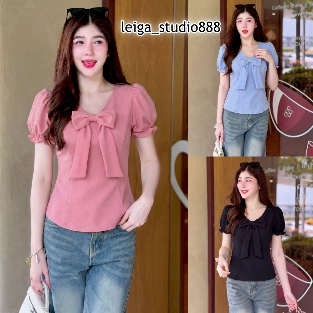 เสื้อแฟชั่น ผ้าวูลเวฟ แขนตุ๊กตา คอวีแต่งโบว์หน้า สาวอวบใส่ได้ ใส่เที่ยว ใส่ทำงาน ใส่แมท T021