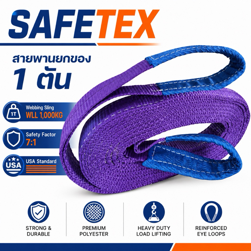 สายพานยกของ ขนาด 1 ตัน SAFETEX USA (SF 7:1) สลิงแบน สลิงผ้าใบ สลิงโพลีเอสเตอร์ 100%