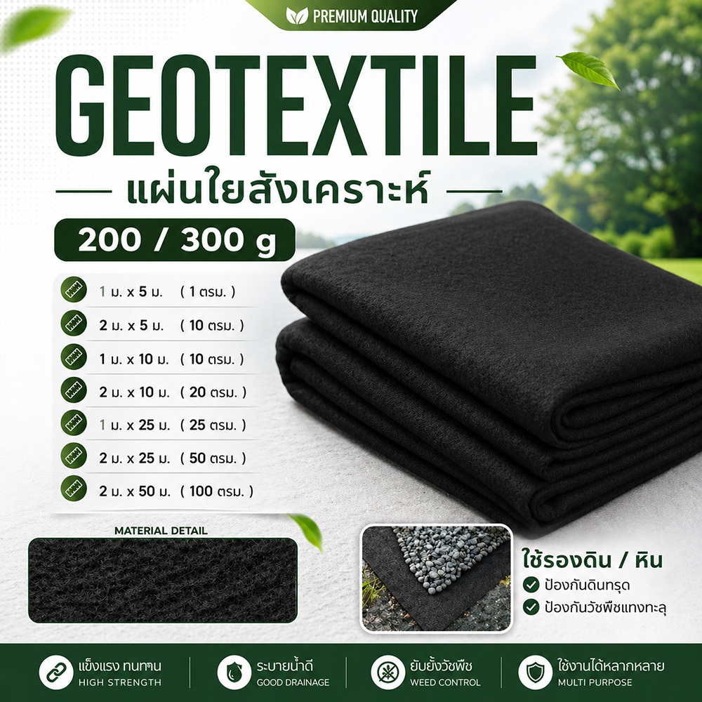 แผ่นใยสังเคราะห์ Geotextile แบ่งตัด 150GSM รุ่น 200G 300G ขนาด 5 10 20 25 50 เมตร (10 - 100 ตรม.)
