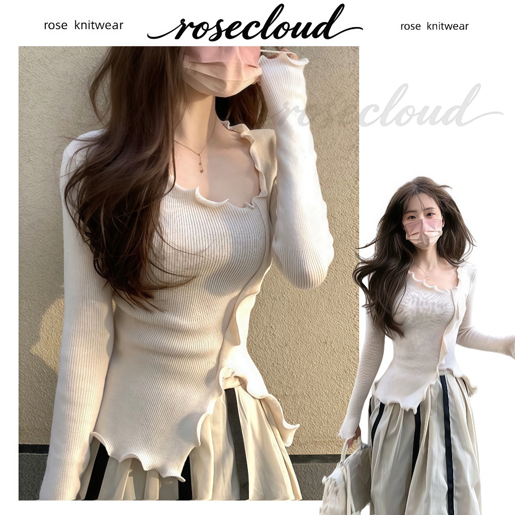 rosecloud เสื้อสเวตเตอร์ถักสไตล์เกาหลีแต่งขอบลูกไม้ สวมใส่สบายและช่วยให้ดูผอมเพรียว เสื้อสเวตเตอร์ถักสำหรับผู้หญิง