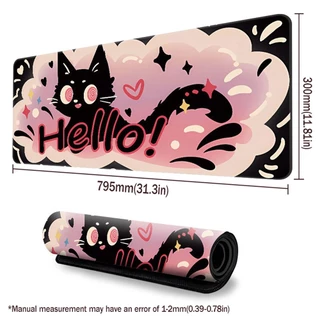 พรมเมาส์เกมมิ่งขนาดใหญ่ 80x30 ซม. ลายแมวดำสีชมพูน่ารัก พรมรองโต๊ะ ฐานยางกันลื่น พรมรองแป้นพิมพ์สำหรับออฟฟิศ กันน้ำ พื้น