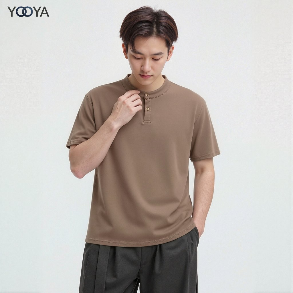 YOOYA เสื้อยืดแขนสั้น คอจีน สไตล์มินิมอล ใส่สบาย ระบายอากาศดีเยี่ยม เนื้อผ้าคุณภาพดี เสื้อผ้าแฟชั่นผู้ชาย ไม่จำกัดเพศ