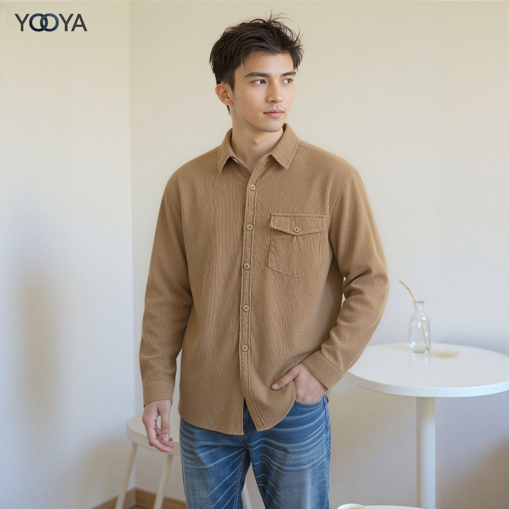 YOOYA เสื้อเชิ้ตผู้ชาย วินเทจ ซักแล้ว เสื้อเชิ้ตแขนยาว ผ้าลูกฟูก ผ้านิ่มนุ่ม ทรงหลวม ใส่สบาย ลำลอง แบบเรียบง่าย