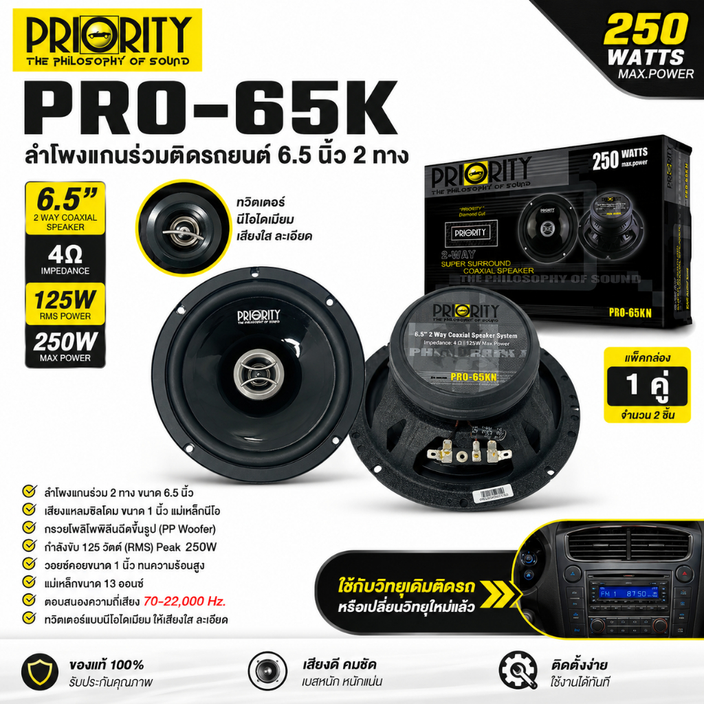 ขายยกคู่ +++ PRIORITY PRO-65KN ลำโพงแกนร่วมติดรถยนต์ ขนาด 6.5 นิ้ว 2 ทาง 4 โอม กำลังขับสูงสุด 250วัตต์ (ไม่มีฝาครอบดอก)