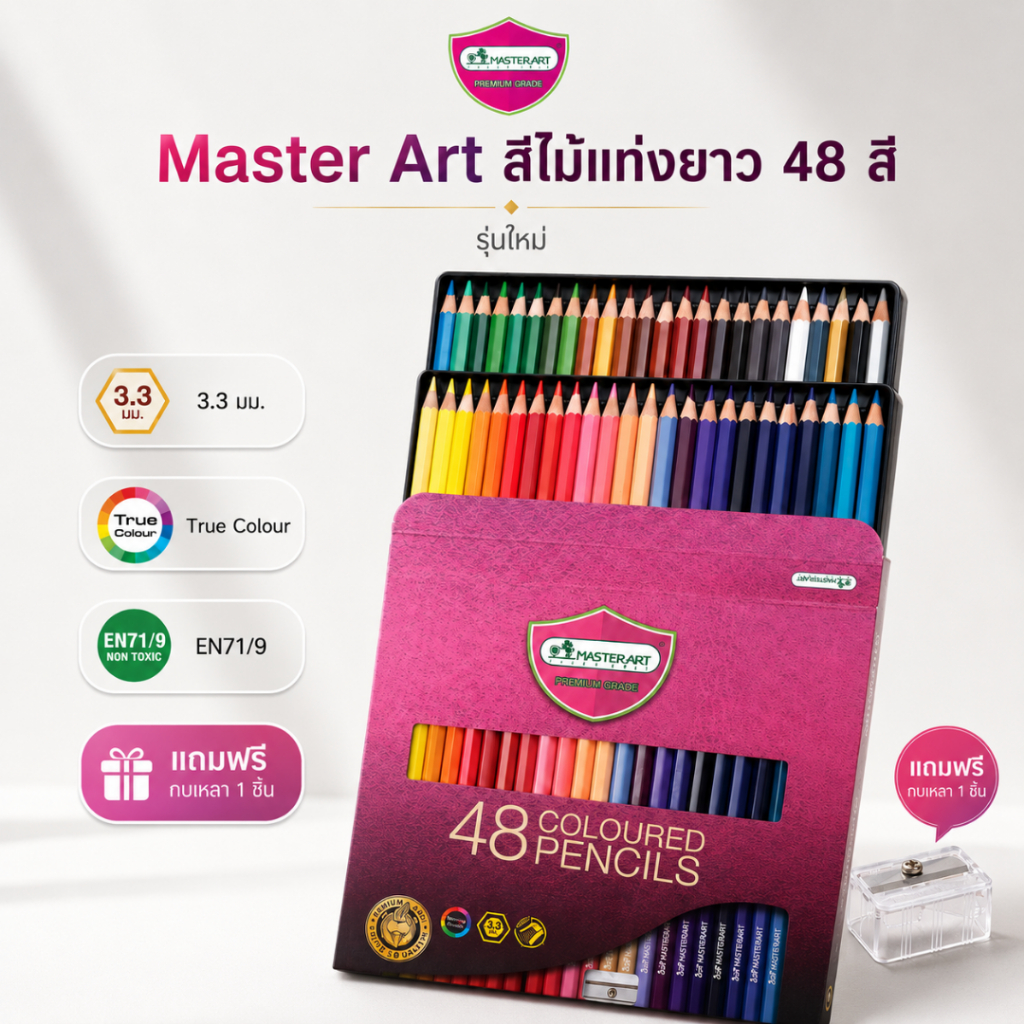 สีไม้ Master Art ดินสอสีไม้ แท่งยาว 48 สี รุ่นใหม่ จำนวน 1 กล่อง