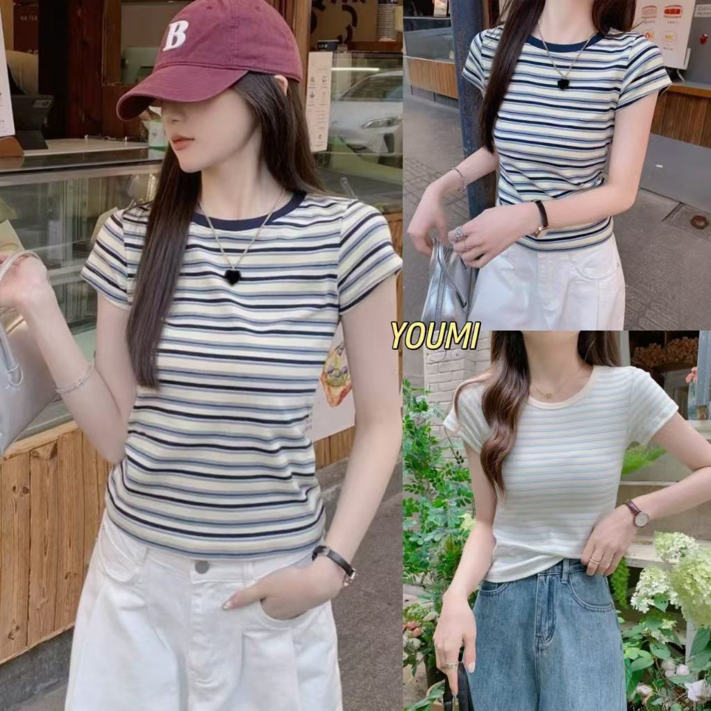 YOUMI ส่งไวจากไทย เสื้อยืดลายทางแขนสั้น ผ้านุ่มใส่สบาย ระบายอากาศดี ลุคเกาหลีมินิมอล