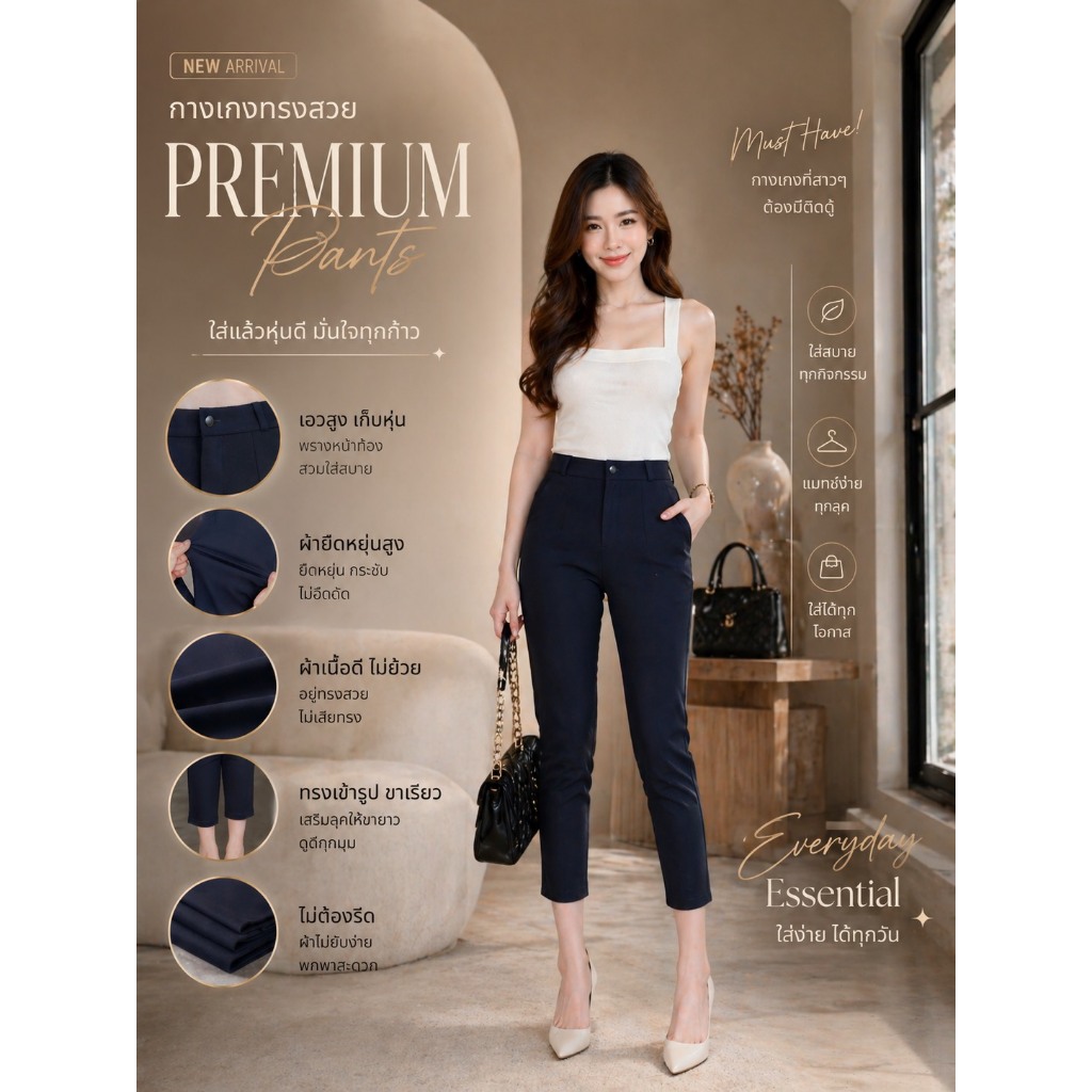 สีดำพร้อมส่ง  พร้อมส่งสั่งได้เลย S-3XL กางเกง 8 ส่วน สั่งตัดเก็บหน้าท้อง เก็บต้นขา ผ้าไม่บาง ทรง Slim Leg
