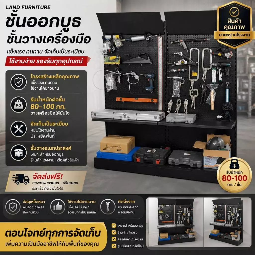 ชั้นแขวนโชว์สินค้า ชั้นวางเครื่องมือ ชั้นขายของ(บอร์ดแขวน)ขนาด93*35*200 cm.สีดำแถมตะขอให้2อันคะ