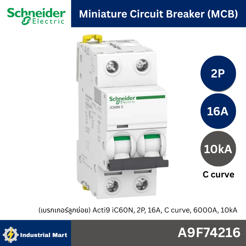 Schneider A9F74216 MCBActi9 iC60N C-Curve,400VAC,2P 16A 10kA