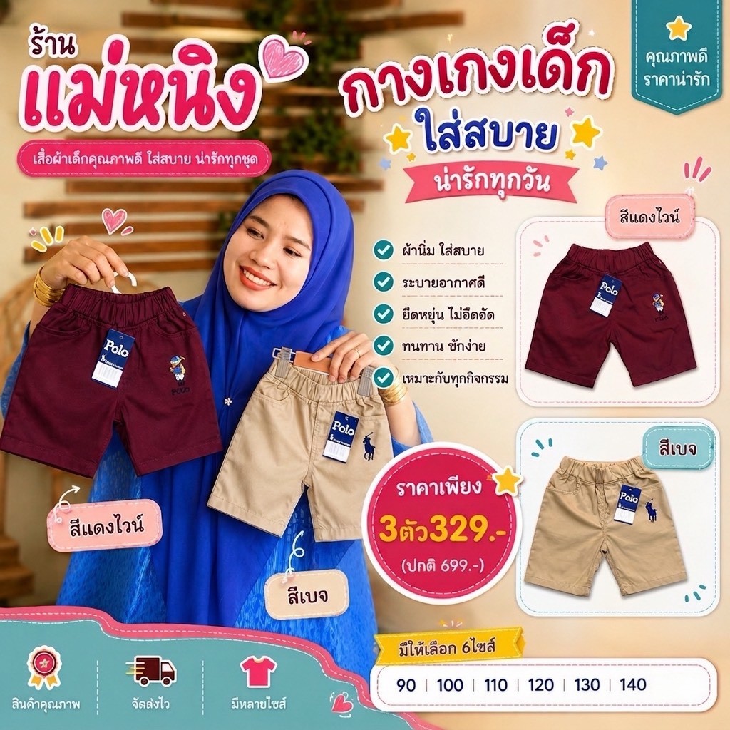 กางเกงขาสั้นเด็กชาย ปักหมี  เด็กชาย เนื้อผ้าดี  สีไม่ตก  สีสด แมทกับเสื้อเท่ห์มาก